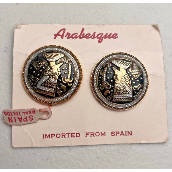 Vintage Round Damascene Clip On Earrings Spain Toledo Egyptian Pharaoh Pyramid - Picture 2 of 9